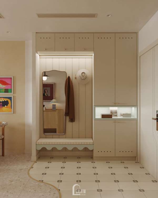 Thiết kế nội thất khu vực để giày và treo đồ trong chung cư 3 ngủ phong cách Modern Eclectic Vintage
